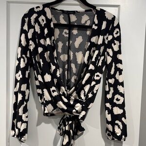 Kaii Black and White Animal Print Wrap Blouse